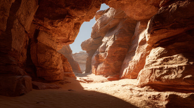Sandstone cave in desert landscape with rugged textured walls and natural formations illuminated by sunlight
