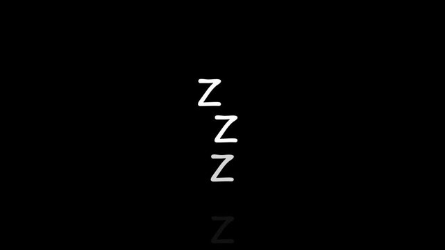 Small grey and white zzz symbols arranged diagonally on a black background sleep snoring. 4k video 

