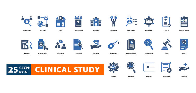 clinical study icon set with recruitment, outcomes, clinic, clinical trials, hospital, feasibility, data sample,
participant, clinical, medical report, analysis, placebo effect, follow up, case study,