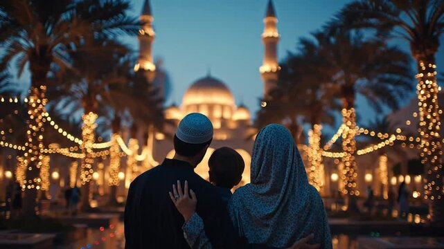 Rear view of a Muslim family with a child looking at an illuminated mosque at night, spiritual celebration and togetherness during Ramadan or Eid festival with festive lights