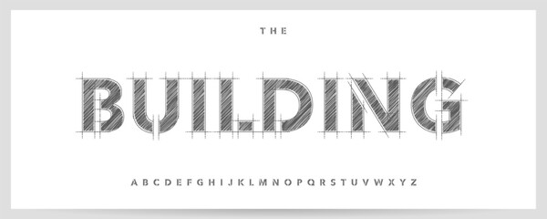 Building Technical Project Font Logo Alphabet Vector Sketch Bold Stencil Letters Set Modern Architecture Typography, Creative Typographic Design for Architect Text, Poster Headline. Vector Typeface