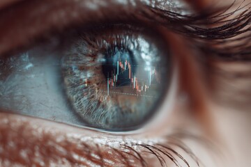 An eye closeup, capturing the reflection of a bullish stock market chart, 20 free space on the right hinting at future growth low texture