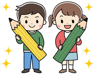 大きな鉛筆を持つ子供たちのイラスト