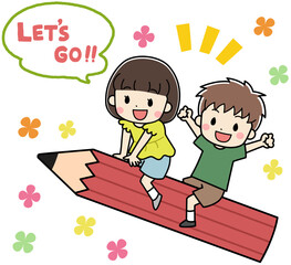 大きな鉛筆に乗る子供たちのイラスト