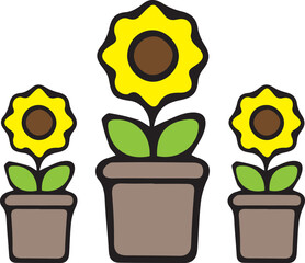 A young yellow sunflower grows in a small flowerpot with green leaves and rich soil, symbolizing new life and spring growth in a beautiful gardening botany vector isolated on white