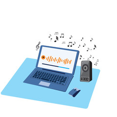 laptop with speaker listening to music. vector illustration