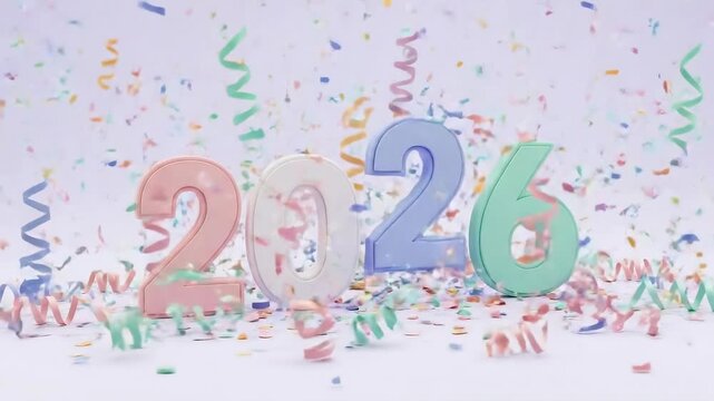 Numbers 2026 for celebration with falling confetti and swirling ribbons. New Year party decoration or greeting card element.