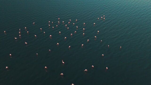 Wide drone aerial of flamingos scattered across dark teal water at golden hour, creating minimal patterns and soft ripples; ideal for wildlife, travel, documentary, conservation.