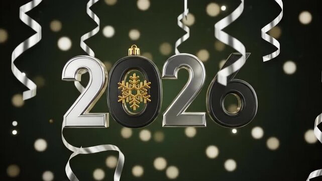 Numeric year 2026 with snowflake ornament and metallic ribbons moving across a bokeh background. New Year holiday celebration concept.