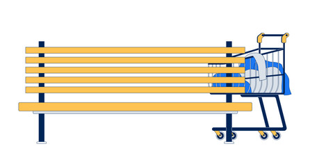 Shopping cart with belongings next to park bench 2D cartoon object. Urban poverty. Shoppingcart with clothes and outdoor seat isolated element flat vector clip art on white. Spot illustration © IMG visuals characte