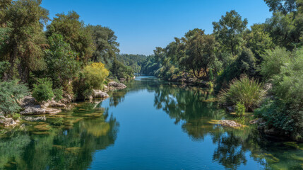 Obraz premium Serene river landscape with calm flowing water reflecting vibrant green trees and lush vegetation under clear blue sky