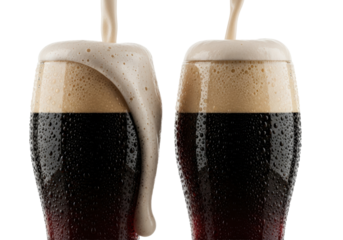 Two heavily condensed pilsner glasses of dark stout beer, one actively overflowing with creamy nitrogen foam, against a transparent studio. Concept for beverage advertising