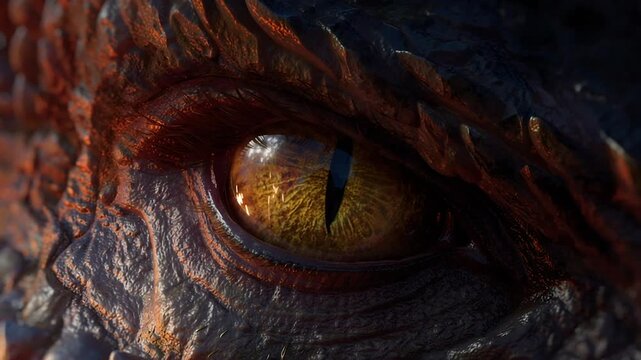 Extreme close up of a dragon eye with yellow iris and slit pupil staring intensely, scaly skin reflecting fire for fantasy cinema and creature design concepts