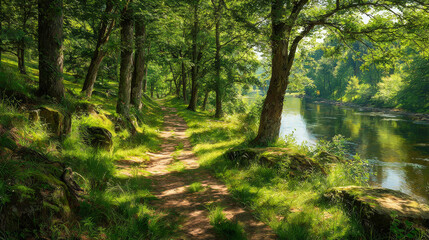 Fototapeta premium Serene woodland trail with lush green foliage and towering trees alongside a tranquil river, bathed in soft sunlight