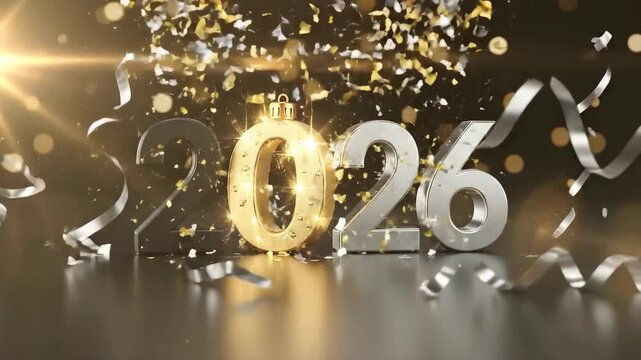 New year 2026 animation with snowflake ornament, 3d numbers, falling confetti, and golden light for winter holiday celebration.