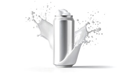 Refreshing Drink - Silver Can with Milk Splash on White Background.