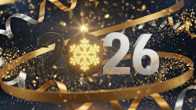 Year 2026 number with glowing snowflake ornament and golden silver ribbons a festive design for new year celebration