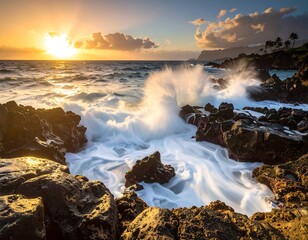 A vibrant sunset casts golden light on crashing waves, creating a dramatic coastal scene with rocky shores. Palm trees dot the distant coastline