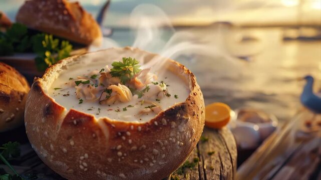 Video a New England clam chowder served in traditional bread bowl on weathered dock table, ocean view in soft focus background, seagulls visible in distance