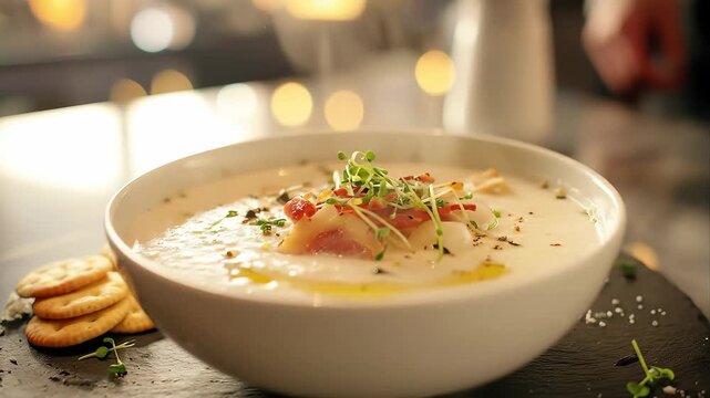 Video a premium New England clam chowder served in elegant white porcelain bowl on black slate plate, restaurant fine dining presentation, garnished with fresh chives, microgreens, and crispy pancetta