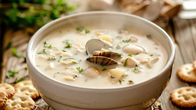Video a steaming bowl of authentic New England clam chowder in a white ceramic bowl, creamy white soup with visible clam pieces, diced potatoes, and fresh herbs