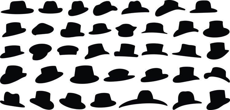 Black hat silhouettes collection, classic and modern headwear shapes, fedora and cowboy styles, minimal vector icons set for fashion, design, branding use