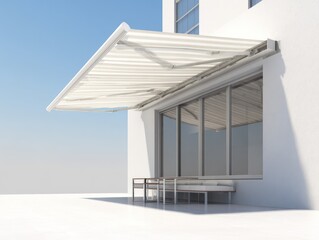Modern white awning over glass windows against a clear blue sky background