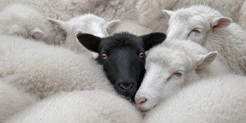 A black sheep nestled closely among white sheep, showing harmony in diversity and inclusion. 
