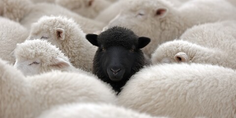 A black sheep nestled closely among white sheep, showing harmony in diversity and inclusion. 