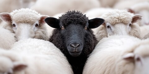 A black sheep nestled closely among white sheep, showing harmony in diversity and inclusion. 