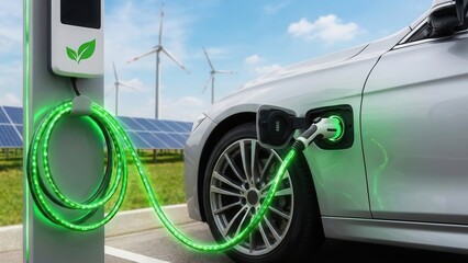 Electric car charging at station with green energy. Ai generation