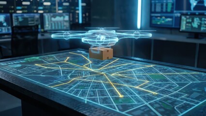 Futuristic drone delivery concept with digital map. Ai generation