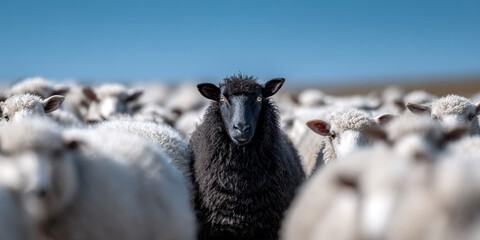 Bright sunny day on a farm with one black sheep illuminated distinctly among a crowd of white sheep. 
