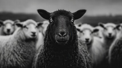 Close-up of a black sheep looking directly at the camera while white sheep blur in the background, emphasizing individuality. 