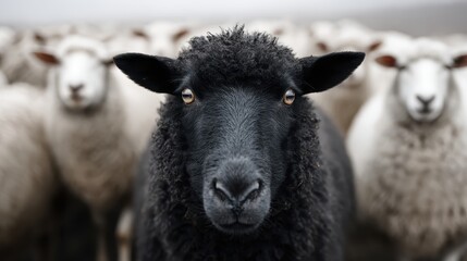 Close-up of a black sheep looking directly at the camera while white sheep blur in the background, emphasizing individuality. 