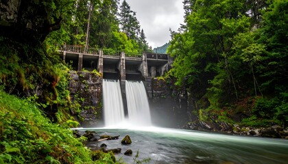 Scenic Waterfall Cascade in Lush Green Forest Landscape.