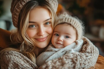A young woman with a warm smile holding her adorable baby wrapped in a cozy blanket