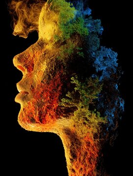 Female character shaped from glowing artistic fragments, marvellous spa palette, daunting environmental swirls symbolizing lineage and memory .