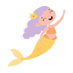 Cute smiling mermaid girl illustration. Happy cartoon sea princess with yellow tail. Pastel flat vector character isolated on white background.