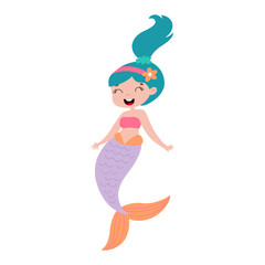 Cute Mermaid Girl Character. Happy Cartoon Underwater Princess with Colorful Tail. Playful Sea Fantasy Flat Vector Illustration.