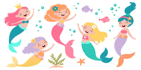 Cute Mermaid Girls Set. Happy Underwater Princess Characters. Cartoon Sea Fantasy Kids Illustration. Colorful Flat Vector Collection