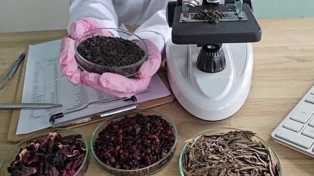 Testing various types of dried tea leaves in a laboratory setting for quality and characteristics