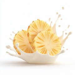 Pineapple slices in a splash of milk against a white background.