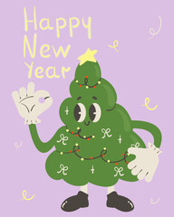 Happy New Year tree mascot poster. Childish style greeting card. Vector illustration.