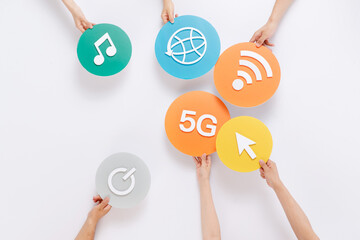 Hands Holding Digital Icons - Web Connection and Technology Symbols