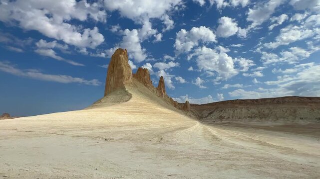 Mount Bozzhira, Mangystau. View of the cliffs of the Ustyurt plateau in Western Kazakhstan. Beautiful white rocks in the endless white valley of Mangystau region.Rock formations of the Bozzhyr valley.