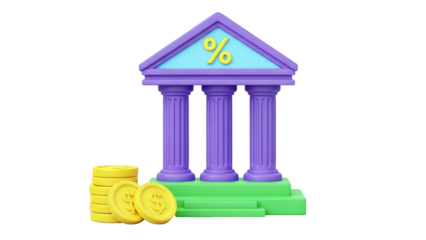 3D Bank building with percentage sign and coins on transparent background