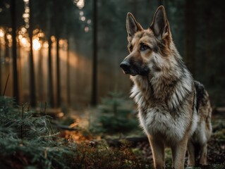 german shepherd in a forest at sunset