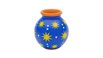 3D Blue ceramic vase with yellow stars and white dots on transparent background