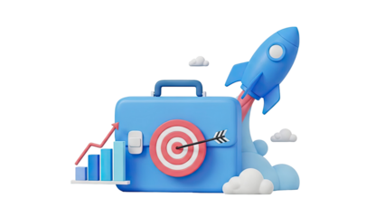 3D Business growth, success and launch concept with briefcase and rocket on transparent background